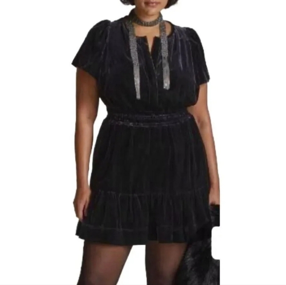Maeve By Anthropologie Somerset Black Velvet Short Sleeve Mini Dress Size 3X - Picture 3 of 15